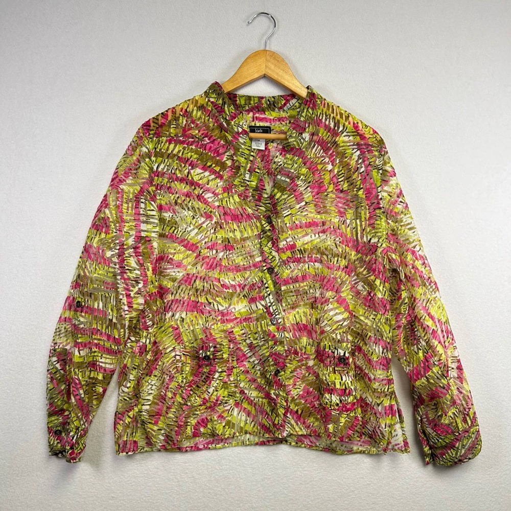 Lark Lane Abstract‎ Print Button Front Blouse Women Size 14 Sheer Lightweight